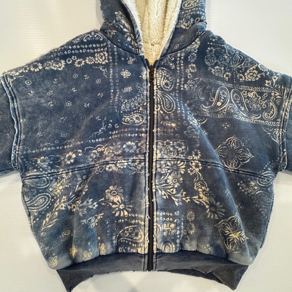 Free People Billie Jacket XS Blue Paisley Sherpa Lined Zip Hoodie Crop Oversized - Picture 8 of 16